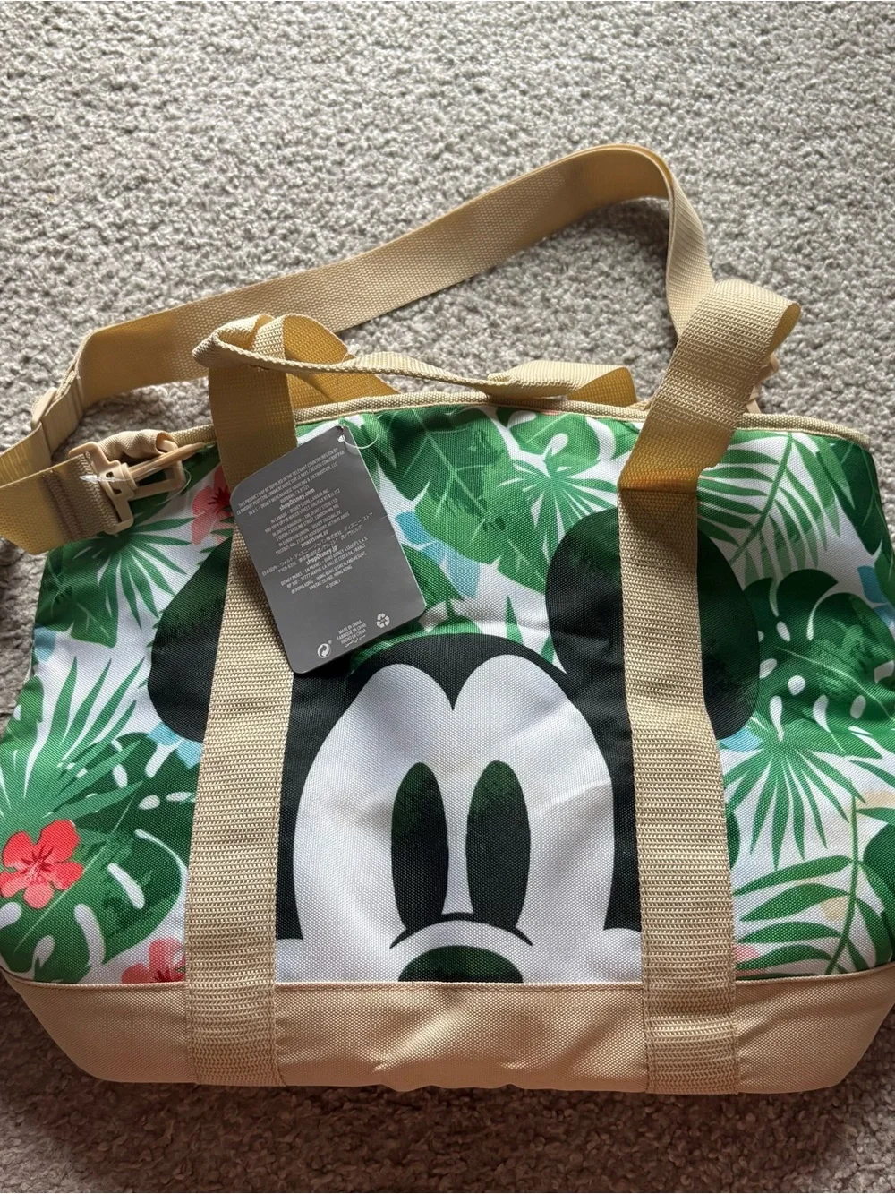 Disney Canvas Cooler Tote Bag Green Tropical Print Tan Straps Cruise Mickey NEW